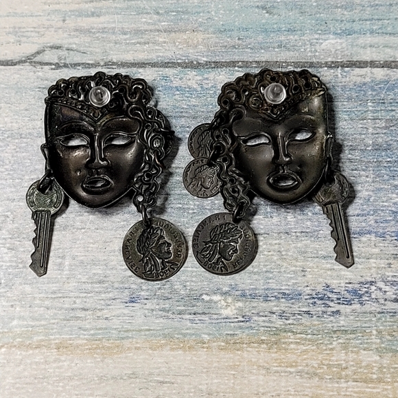 Unique Silver Metalic Mask Earrings with Key and Coin Accents - Picture 2 of 6
